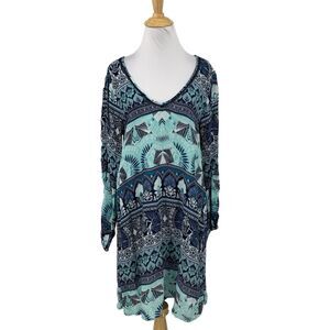 Roxy Dress Women M Medium Blue Havana Geo Print V Neck Long Sleeve Crochet Inset